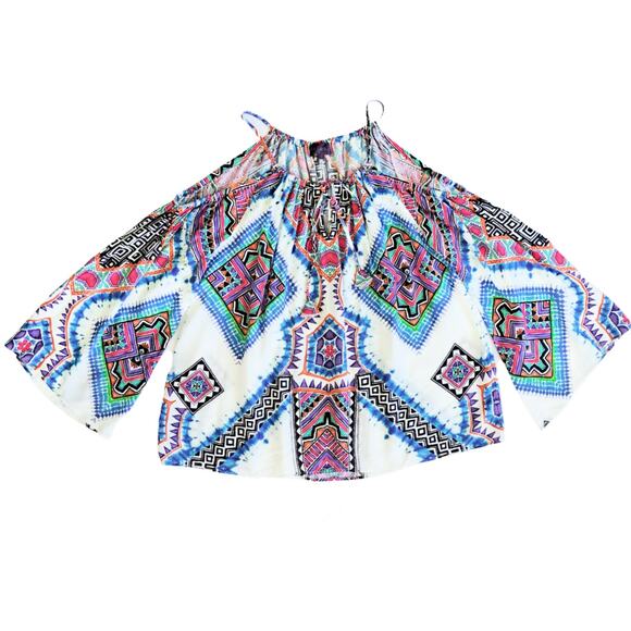 Hale Bob Fumiko Cold Shoulder Blouse Size Small Bell Sleeve Multicolor Boho - Picture 6 of 9
